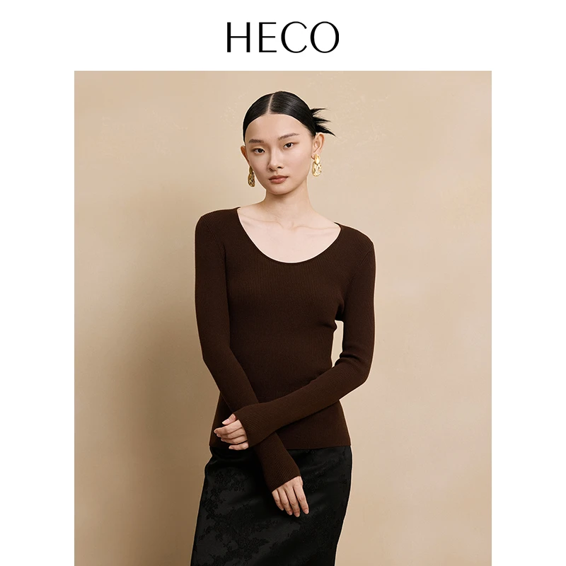 HECO【简意】新中式圆领羊毛混纺长袖针织衫内搭打底衫女2025年春