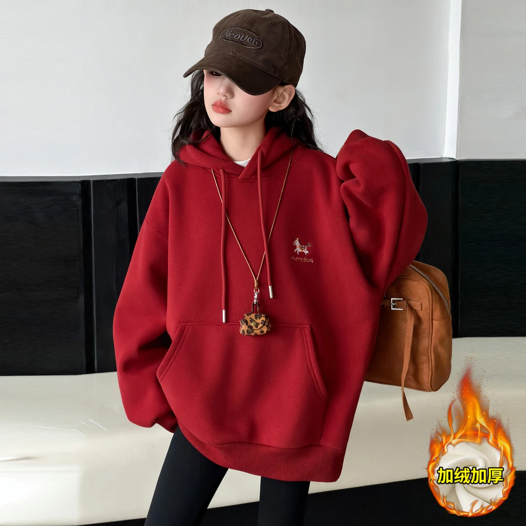女童马年2026加绒卫衣红色喜庆新年儿童冬装连帽拜年服过年本命年