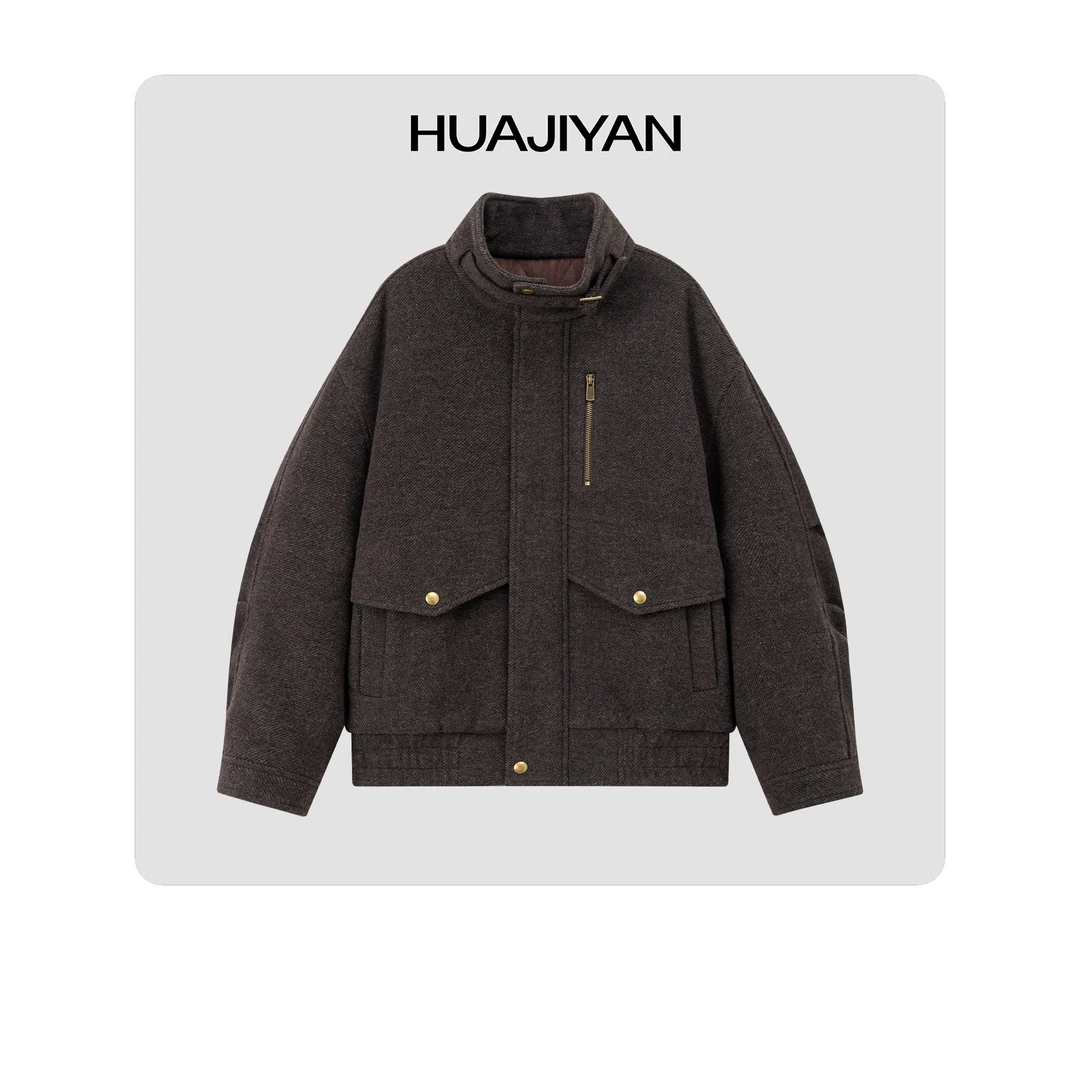 华吉言/HUAJIYAN  巴恩风羊毛混纺设计感弯刀袖棉服外套