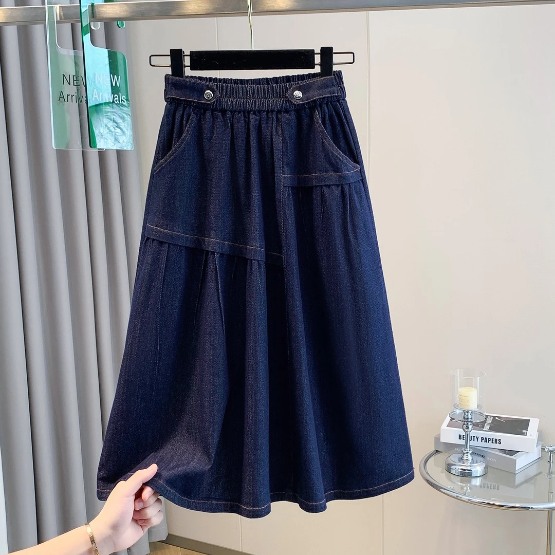 【大码半身裙】胖mm松紧腰牛仔中长款半身裙弹力宽松显瘦a字裙
