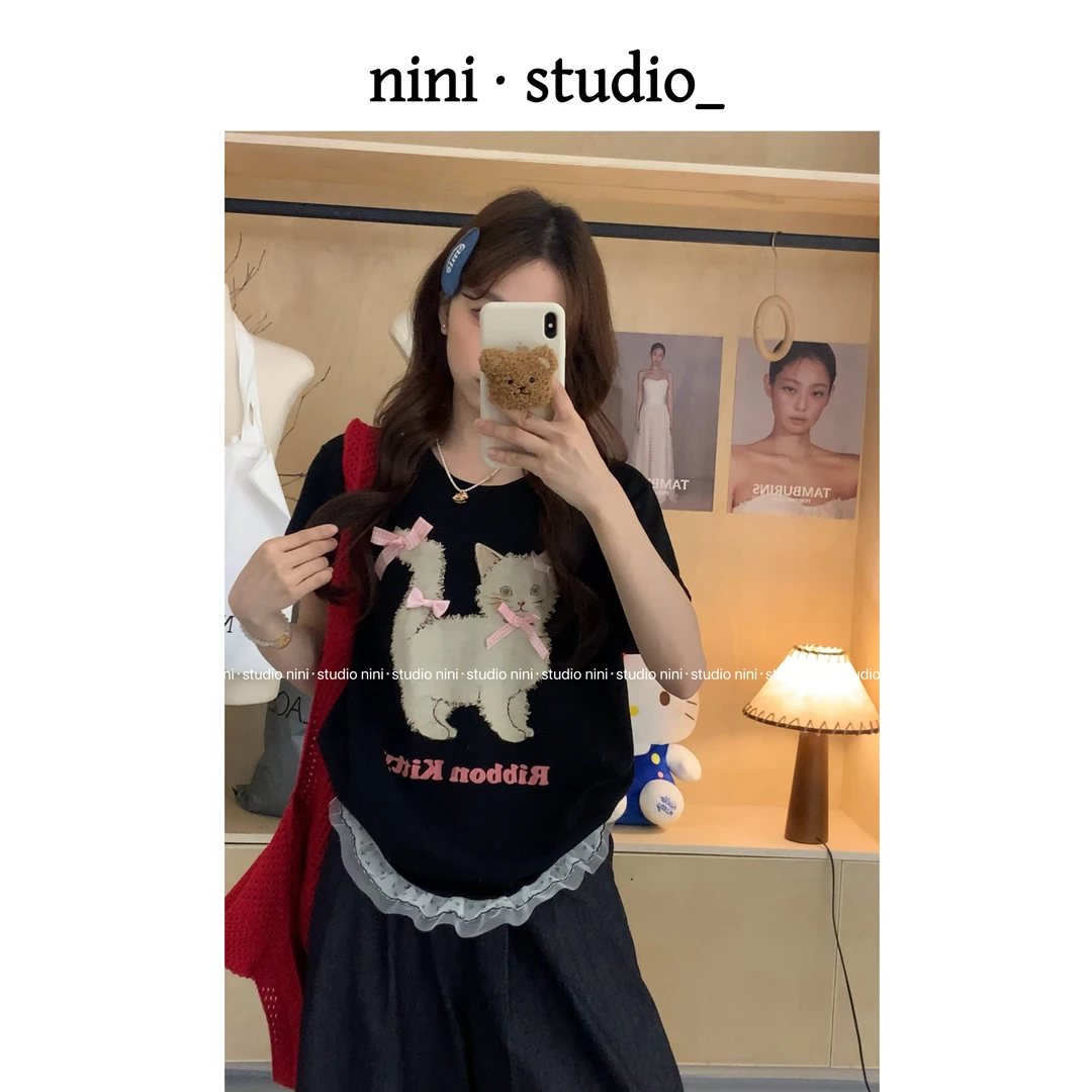 nini·蝴蝶结小猫猫韩系ins风可爱感短袖T恤