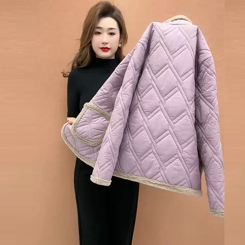 中国风加绒外套妈妈装新款冬季棉服短款洋气大码纯色中老年女装