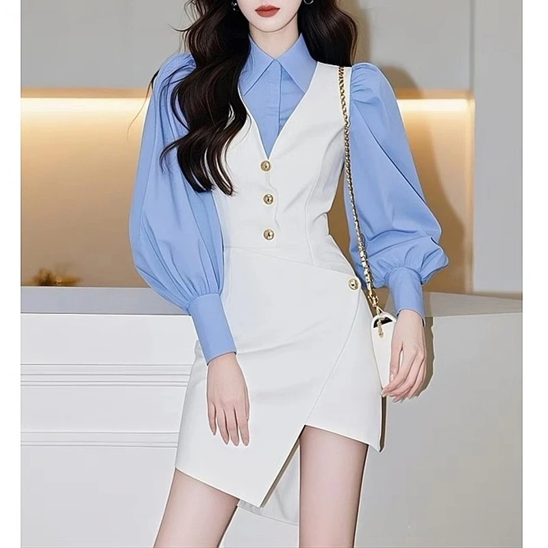 2025超火春装新款法式设计感衬衫裙子绝美小香风白色两件套衬衫女