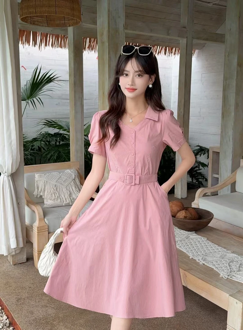 高级通勤气质翻领纯色收腰显瘦洋气连衣裙女小个子中长裙