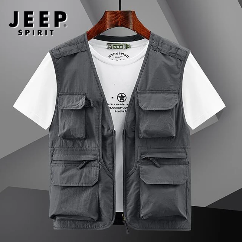 JEEPSPIRIT新款马甲男钓鱼网眼多口袋背心登山摄影坎肩时尚外套男