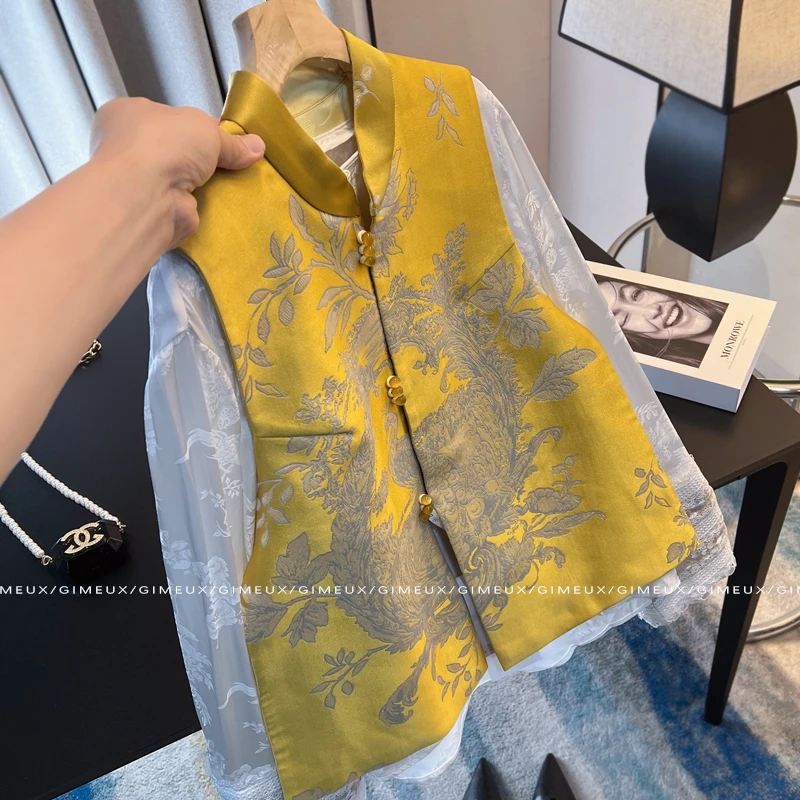 高级感气质唐装上衣套装女2025春新中式提花马甲内搭国风复古衬衫