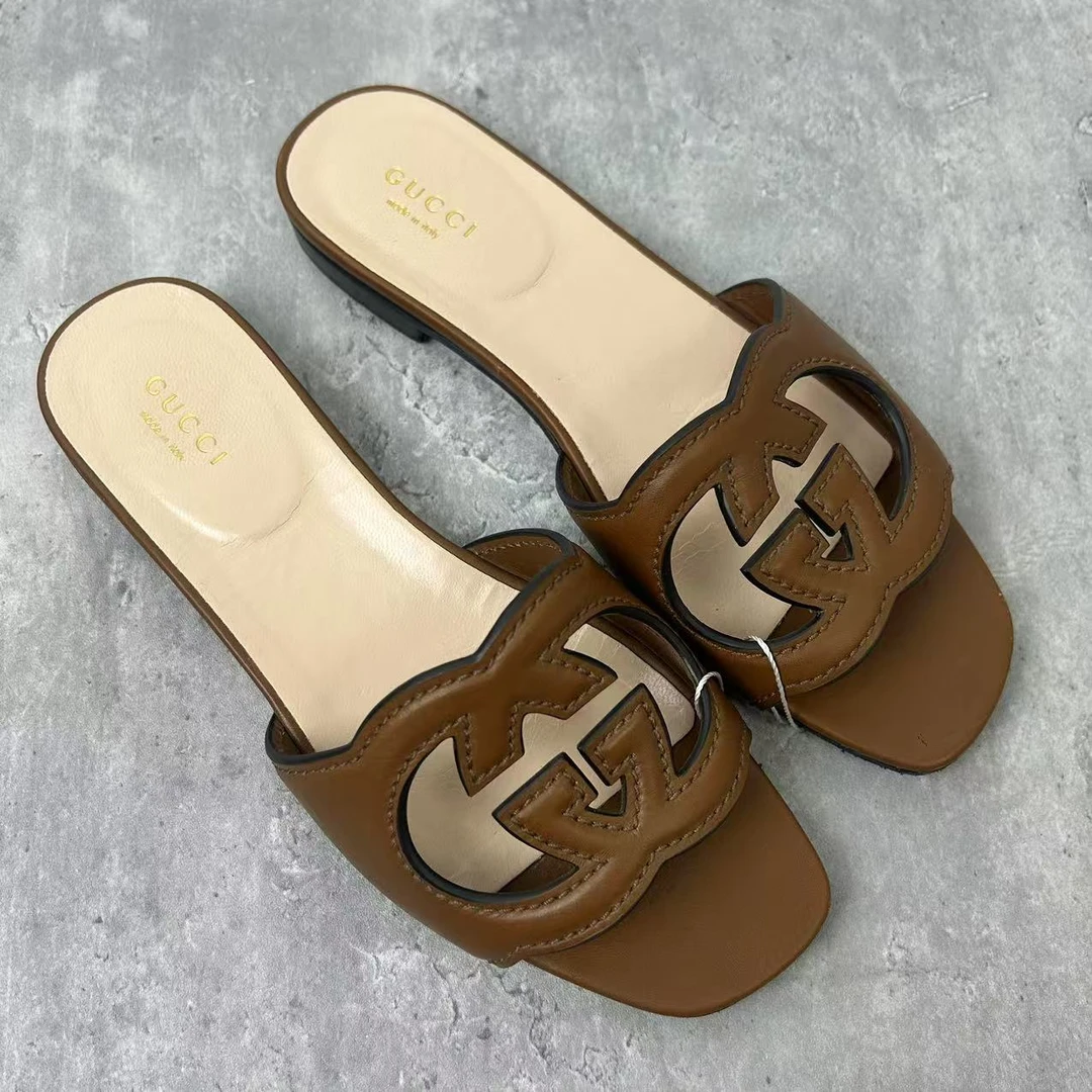 95新 GUCCI/古驰 37码/仔仔女鞋/棕色双G女士时尚经典拖鞋xxs1201