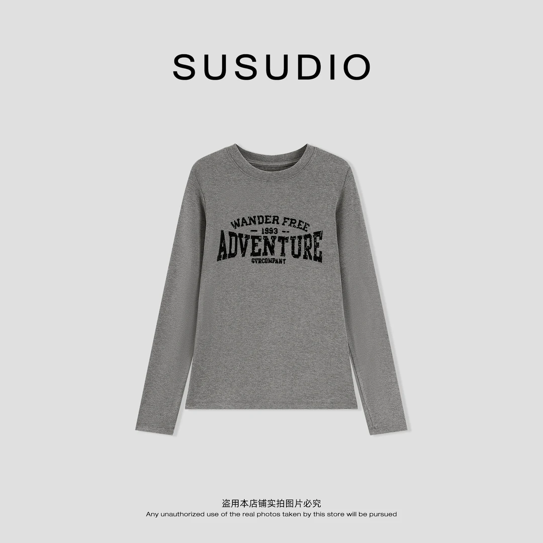 SUSUDIO 简约圆领修身显瘦字母印花慵懒百搭长袖T恤 10673