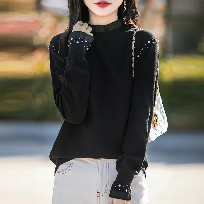 鄂尔多斯市纯100羊毛衫女装春秋2025新款蕾丝钉珠毛衣针织打底衫
