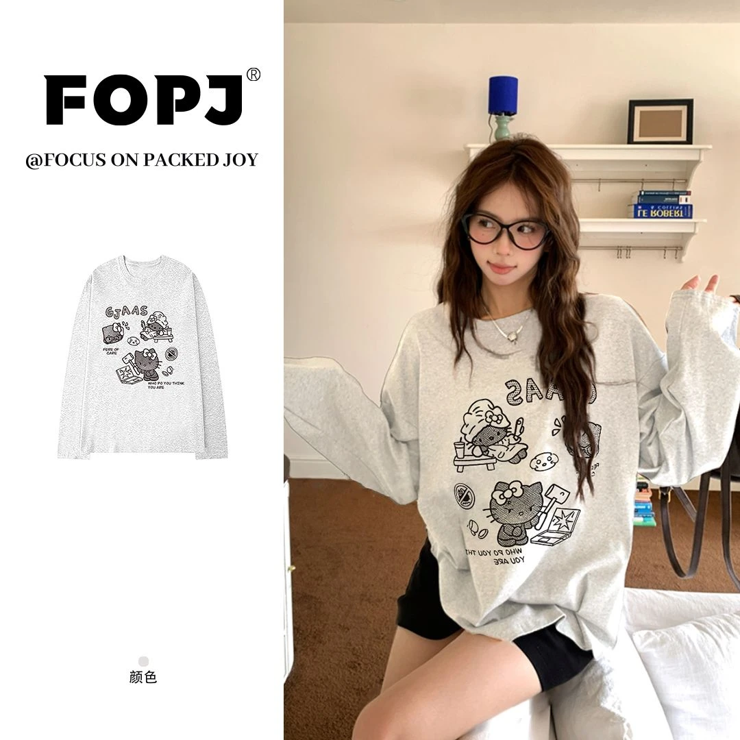 FOPJ韩系kitty印花慵懒风长袖t恤女设计感宽松百搭圆领打底衫上衣