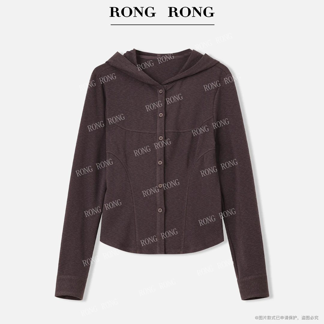 溶溶【琥珀森系】RONGRONG 单排扣收腰剪裁分割拼接休闲帽衫H-Z0442
