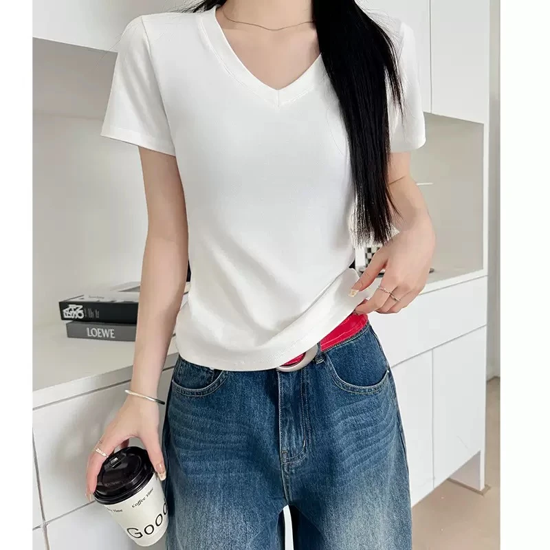 【拉法LARFille】「减龄神T」高个子V领正肩高弹力显瘦打底衫T恤上衣