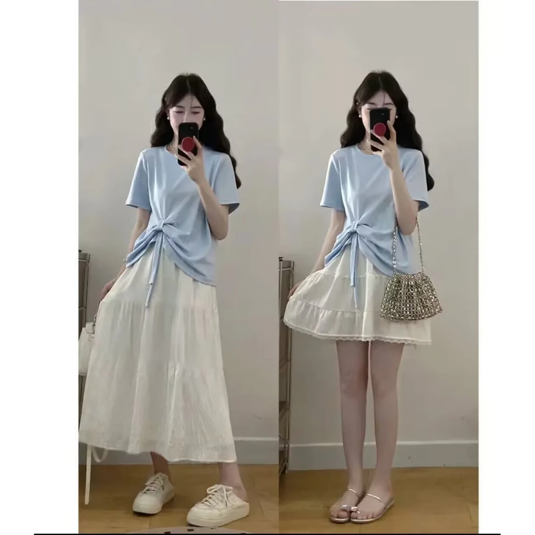 大码女装夏季新款胖mm新款花边蛋糕裙+蝴蝶结宽松T恤洋气减龄套装