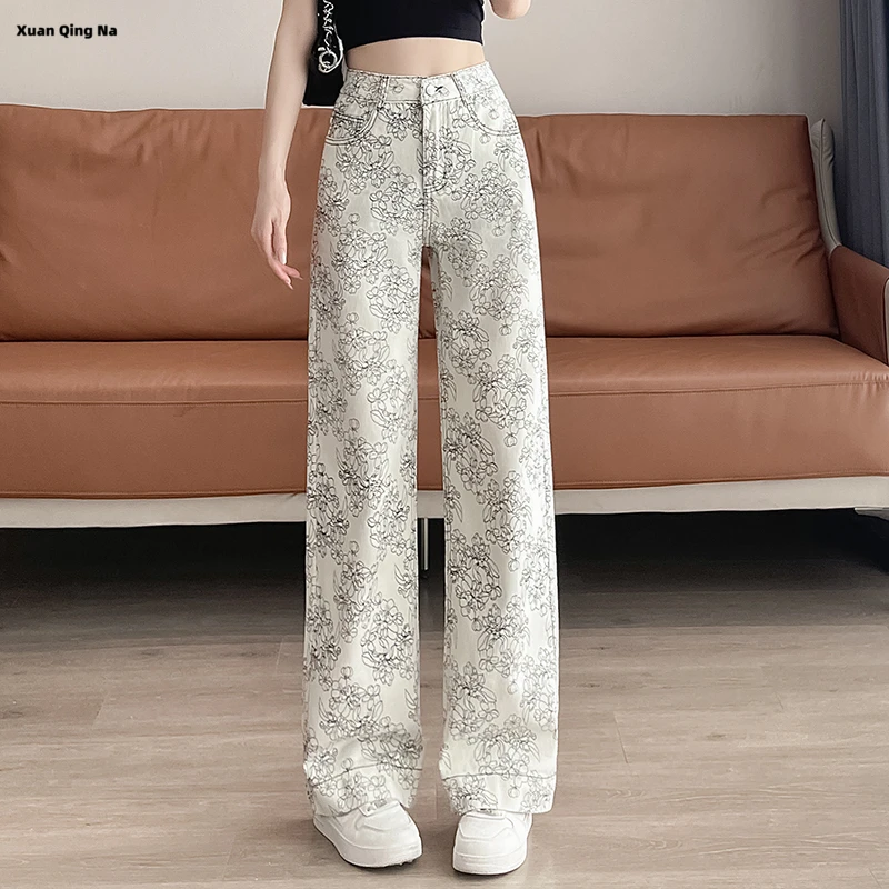 浅灰印花朵牛仔裤女春夏季2025年新款高腰宽松阔脚裤拖地长裤