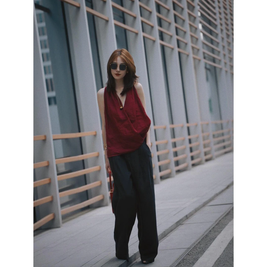 夏季红色新款洋气衣服女法式显瘦上衣高级感御姐范儿休闲爆款裤子