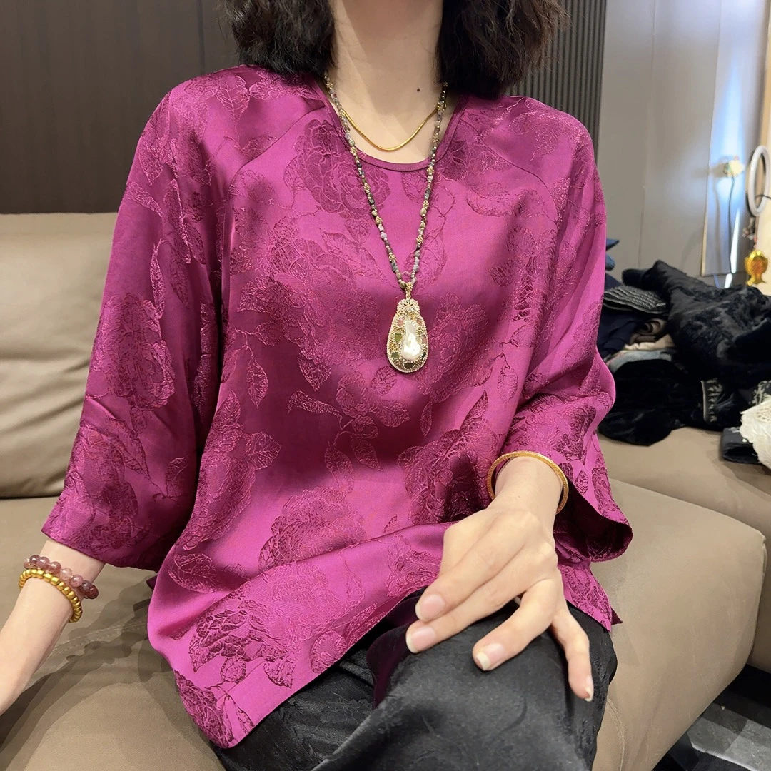 新中式玫瑰女人轻薄显白圆领上衣