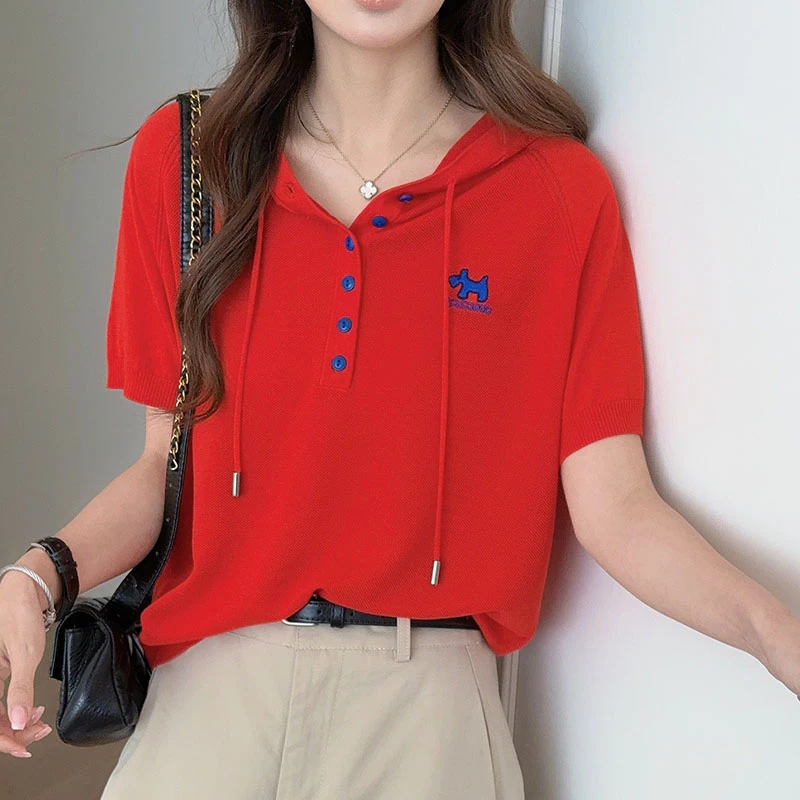 【香嘉怡新品】XJYE97484女士莱赛尔帽衫套头纽扣夏季气质针织衫