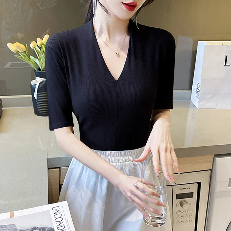 【TL4101】春夏季深V五分袖打底衫女内搭低领修身显瘦气质中袖上衣