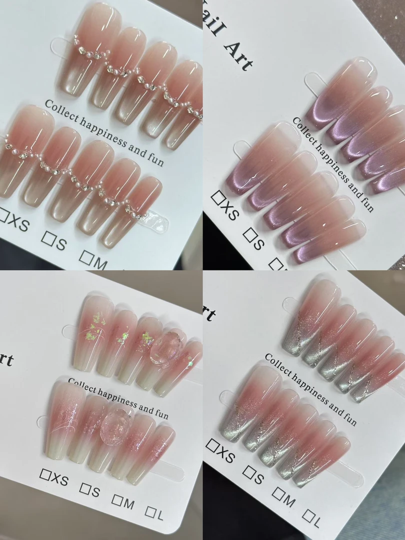 400-499手工穿戴甲冰透爆闪猫眼法式高级显白气质美甲贴片穿戴式