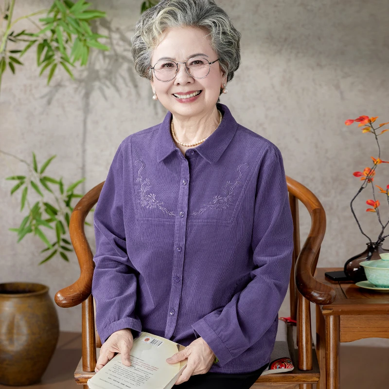 老年人妈妈春秋纯棉灯芯绒衬衫奶奶夏季薄衬衣长袖老太太全棉外套