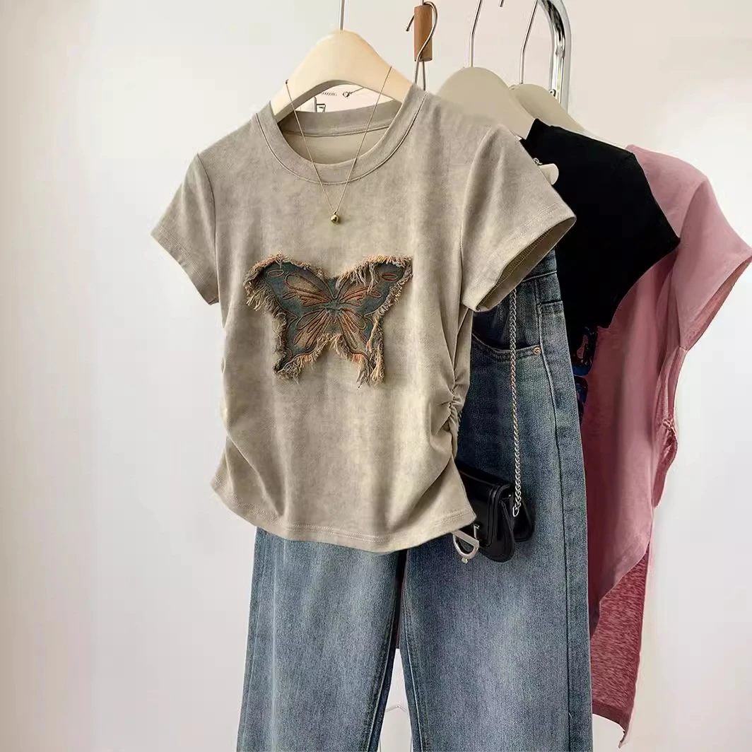 扎染蝴蝶正肩短袖恤衫女夏季夏新款辣妹设计感收腰修身短款上衣