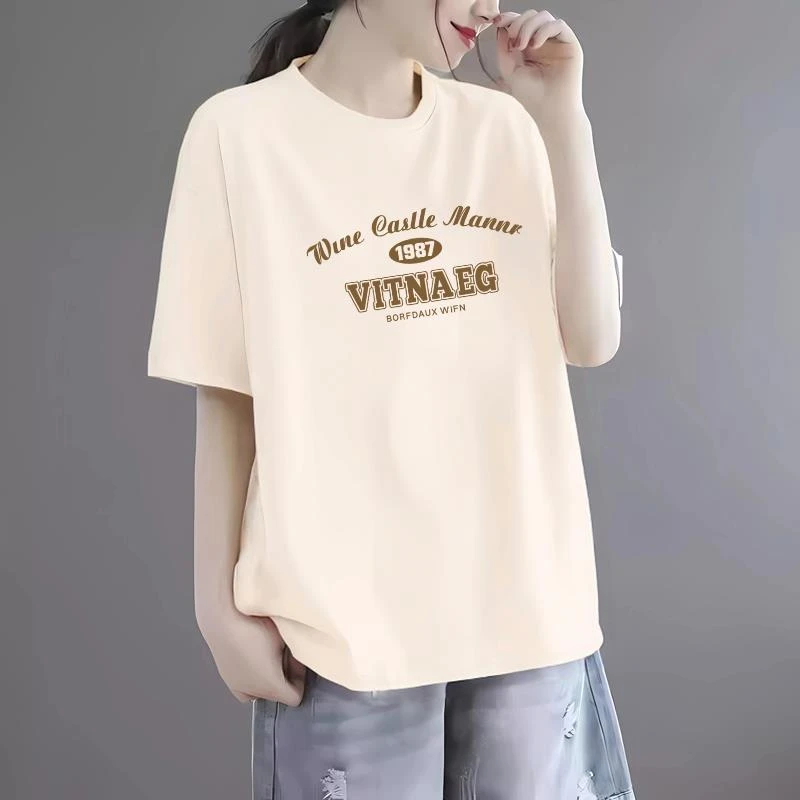 中长含棉杏色短袖t恤女夏季新款女装大码宽松显瘦小众感体恤上衣