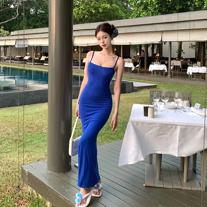 蓝色修身性感吊带连衣裙女夏季显身材包臀裙收腰裙子弹力休闲长裙