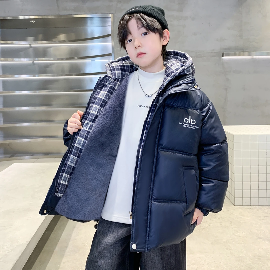 儿童装男童冬季加绒保暖棉衣2025新款中大童格子拼接棉袄男孩棉服