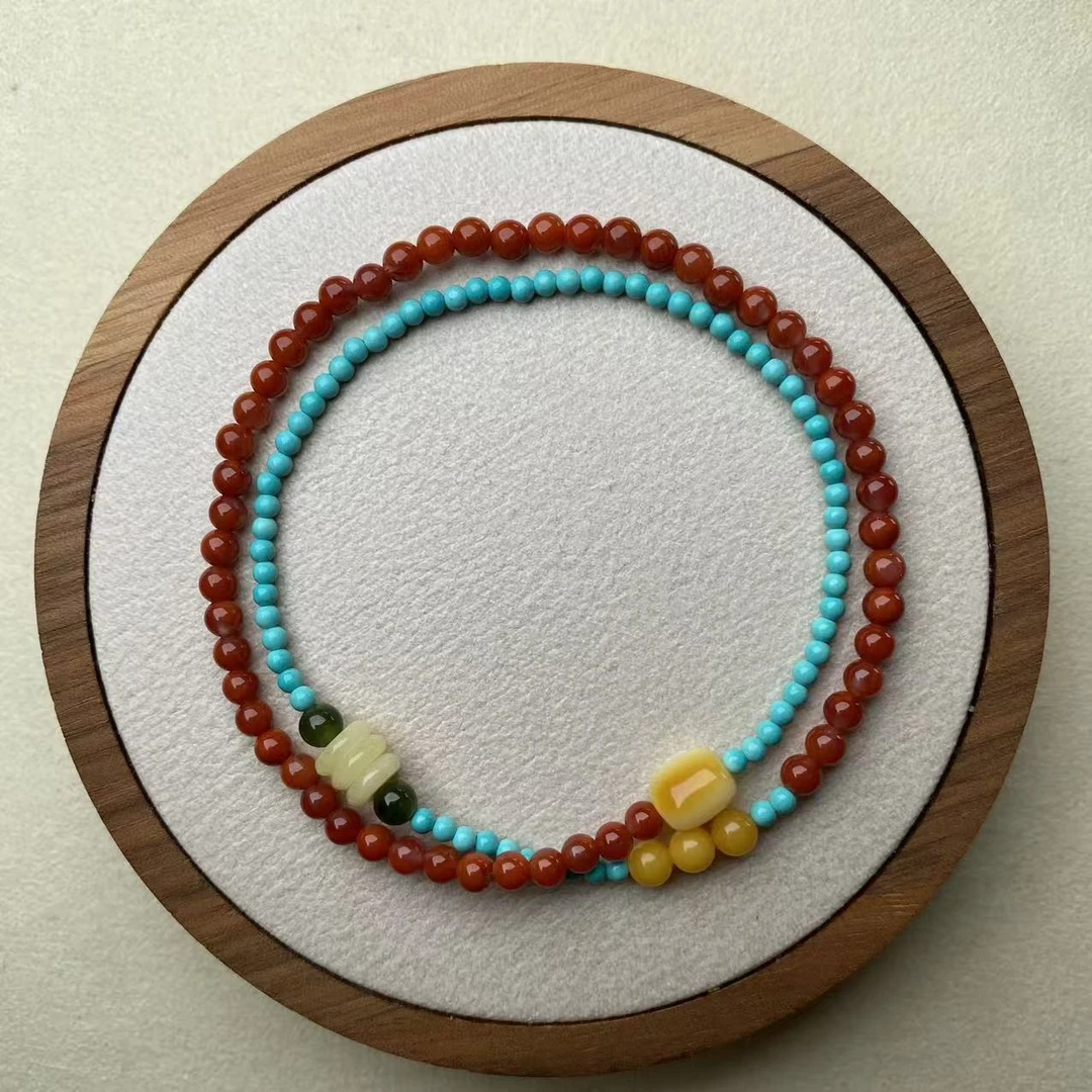 原矿瓦西双色南红手链配松石小米珠LN32