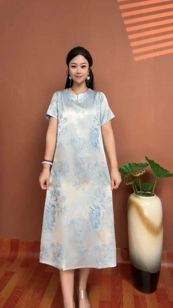 Q(蓝竹）夏季简约提花时尚显瘦气质女装宽松中长款连衣裙