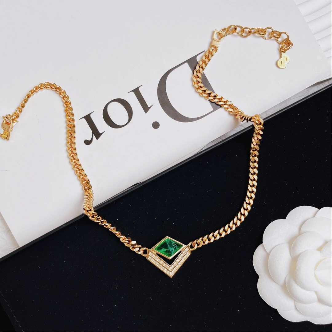 95新 DIOR/迪奥 柚礼中古/迪奥绿色菱形项链LZ407157