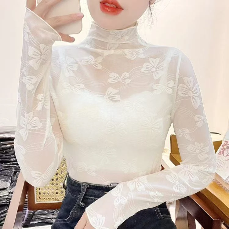 【董小姐专属】蝴蝶提花半高领秋冬木耳边网纱叠穿女蕾丝打底内搭