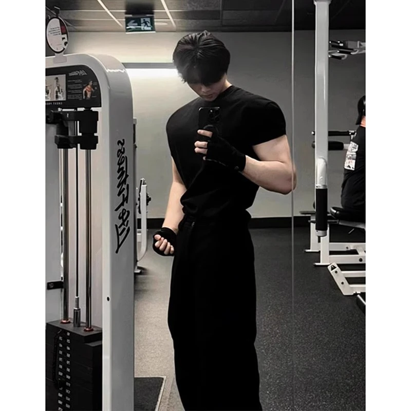 黑色弹力收腰短袖t恤男款春季弹力修身健身训练服显肌肉正肩半袖