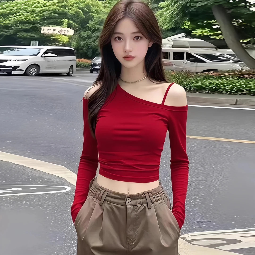 纯欲风辣妹斜领露肩短袖t恤女早秋季新款高级感显瘦绝美短款上衣