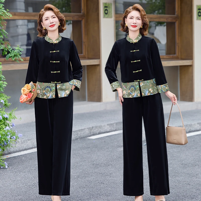 秋季新款妈妈装长袖上衣裤子时尚套装新中式中老年女装妈妈套装