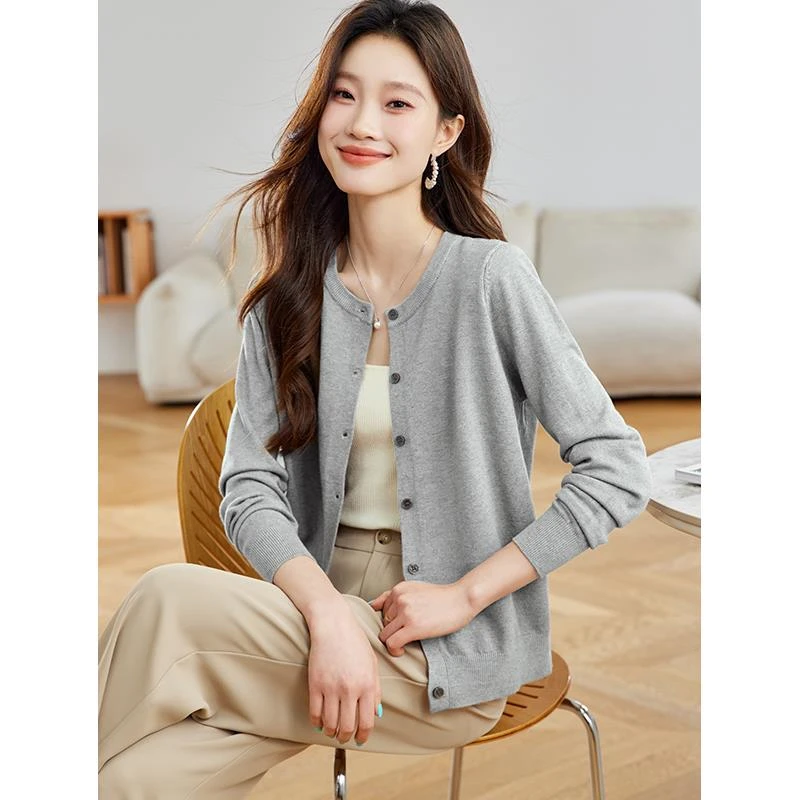 法芬图简约圆领灰色薄款针织开衫女春秋2025新款短款外搭披肩外套