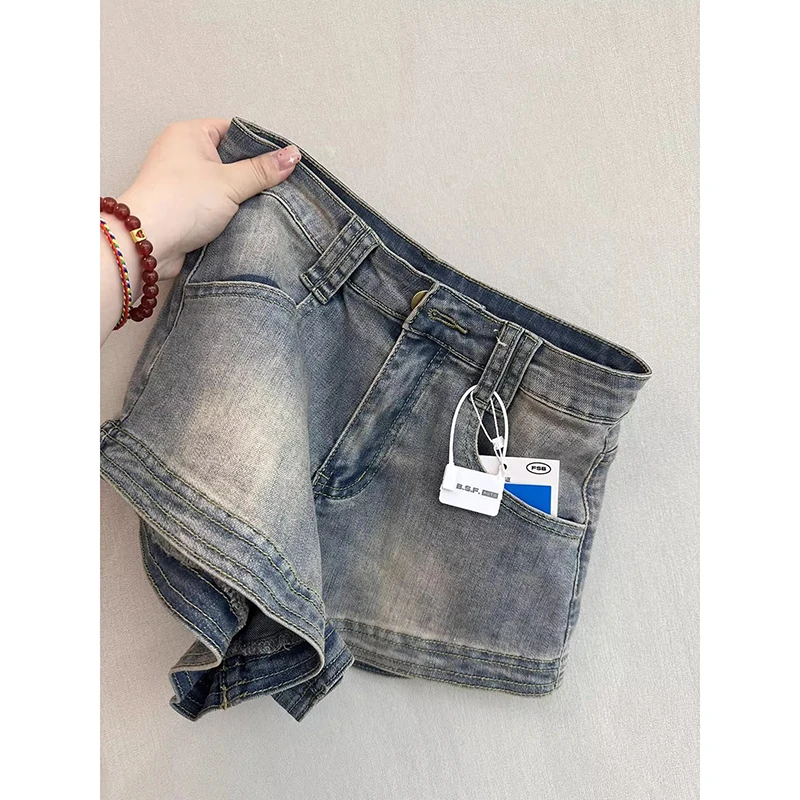 美式复古弹力牛仔短裤女春性感辣妹包臀高腰显瘦阔腿做旧超短热裤