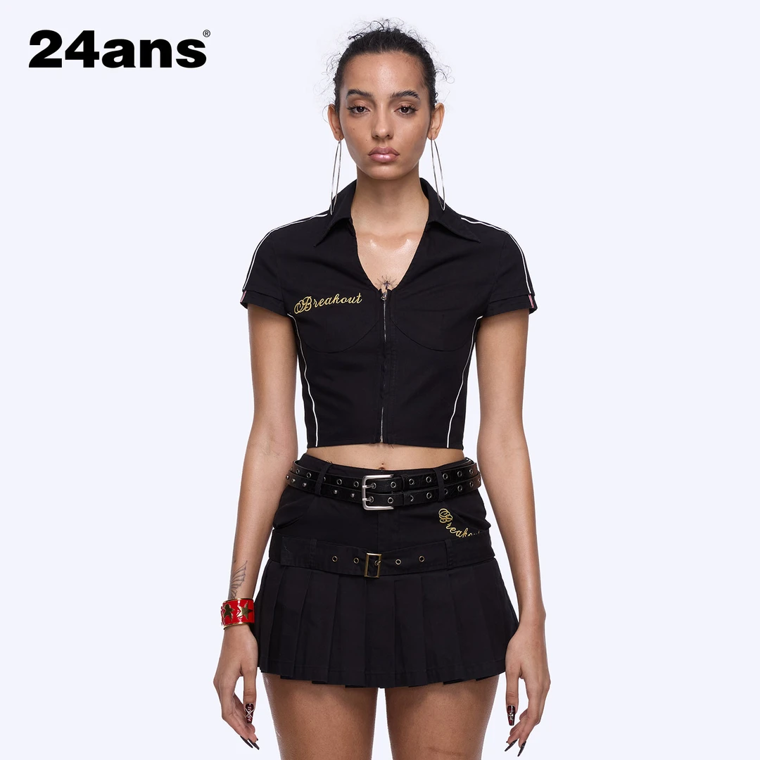 24ans shirt and skirt set | 字母刺绣赛车夹克衬衫半身裙套装