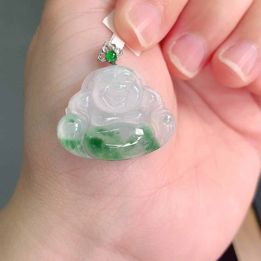 颈饰18K金镶嵌翡翠冰胶飘绿佛公22-27-4.5