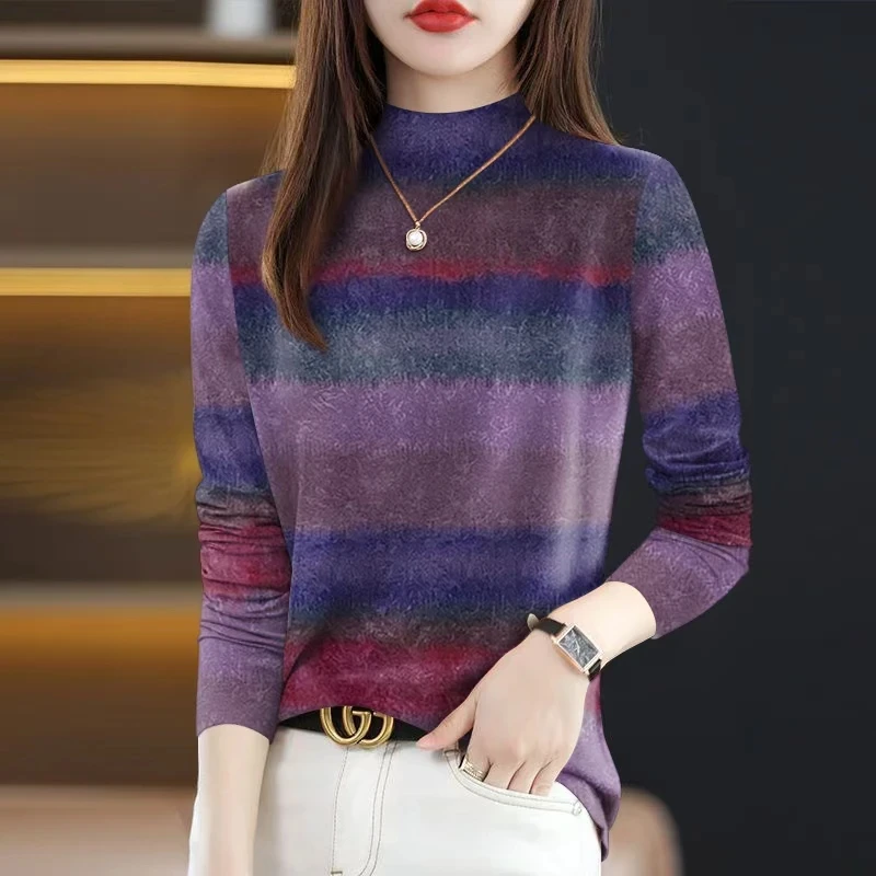 2025春秋冬新款妈妈装长袖半高领打底衫休闲贵气洋气T恤女显瘦