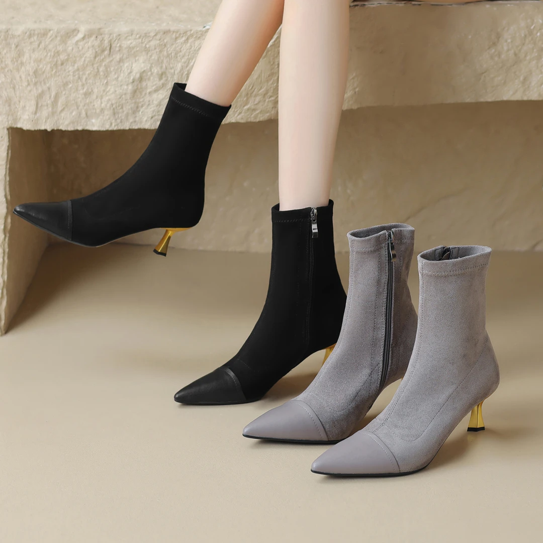【跟高5cm】高跟短靴女瘦瘦靴弹力靴女细跟尖头显瘦靴秋冬新款