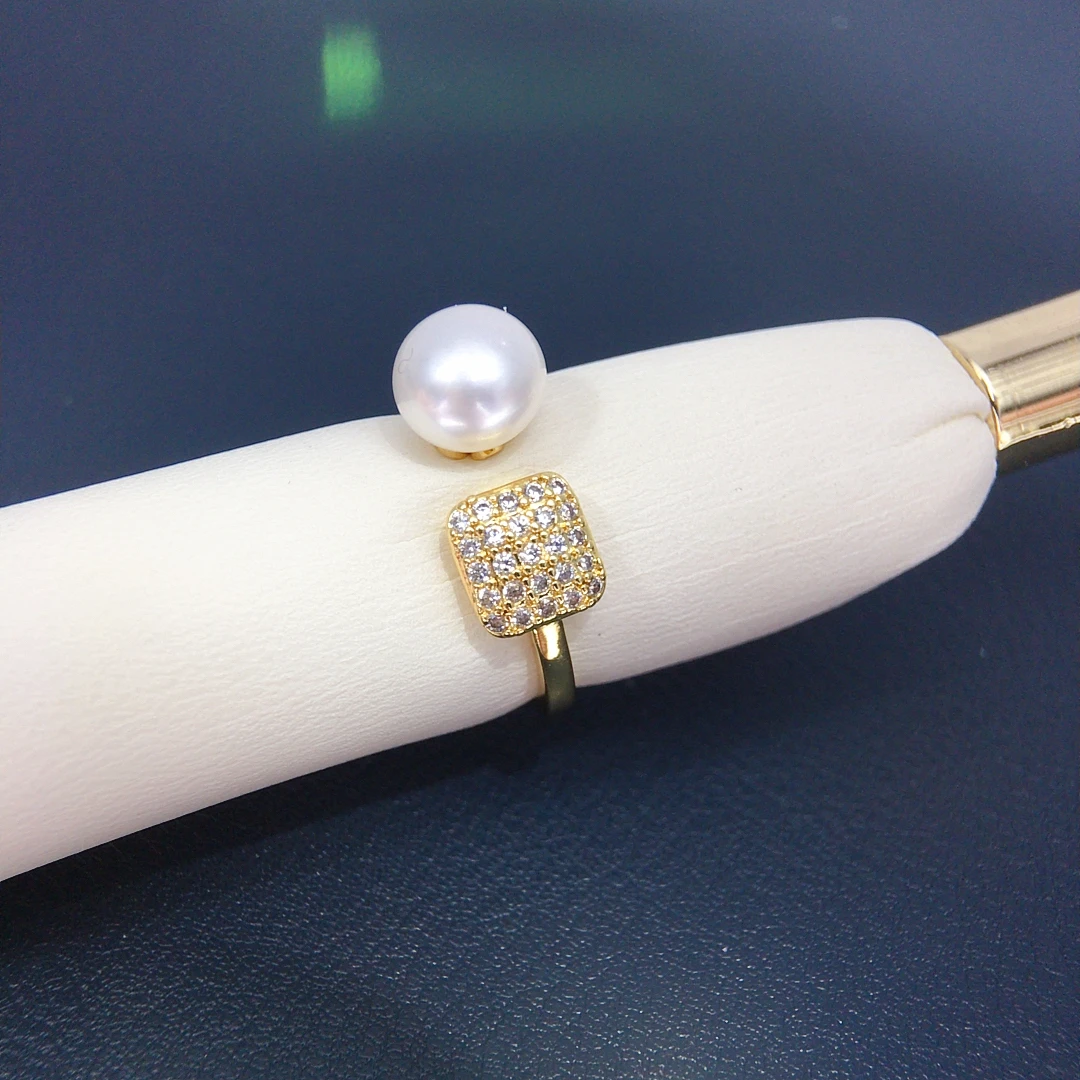 天然淡水珍珠戒指方形微镶锆石开口戒指简约时尚百搭珍珠手饰