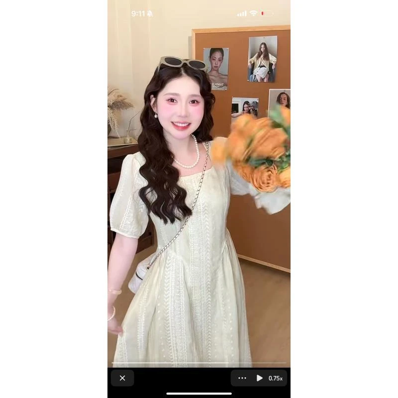 2025新款 夏季温柔漂亮可爱奶樱杏梦连衣裙