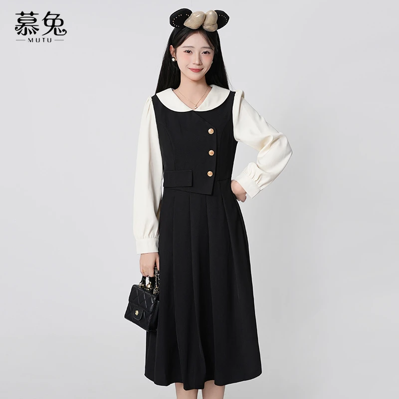 慕兔法式假两件连衣裙女2025春季新款高级感气质收腰显瘦百褶裙子