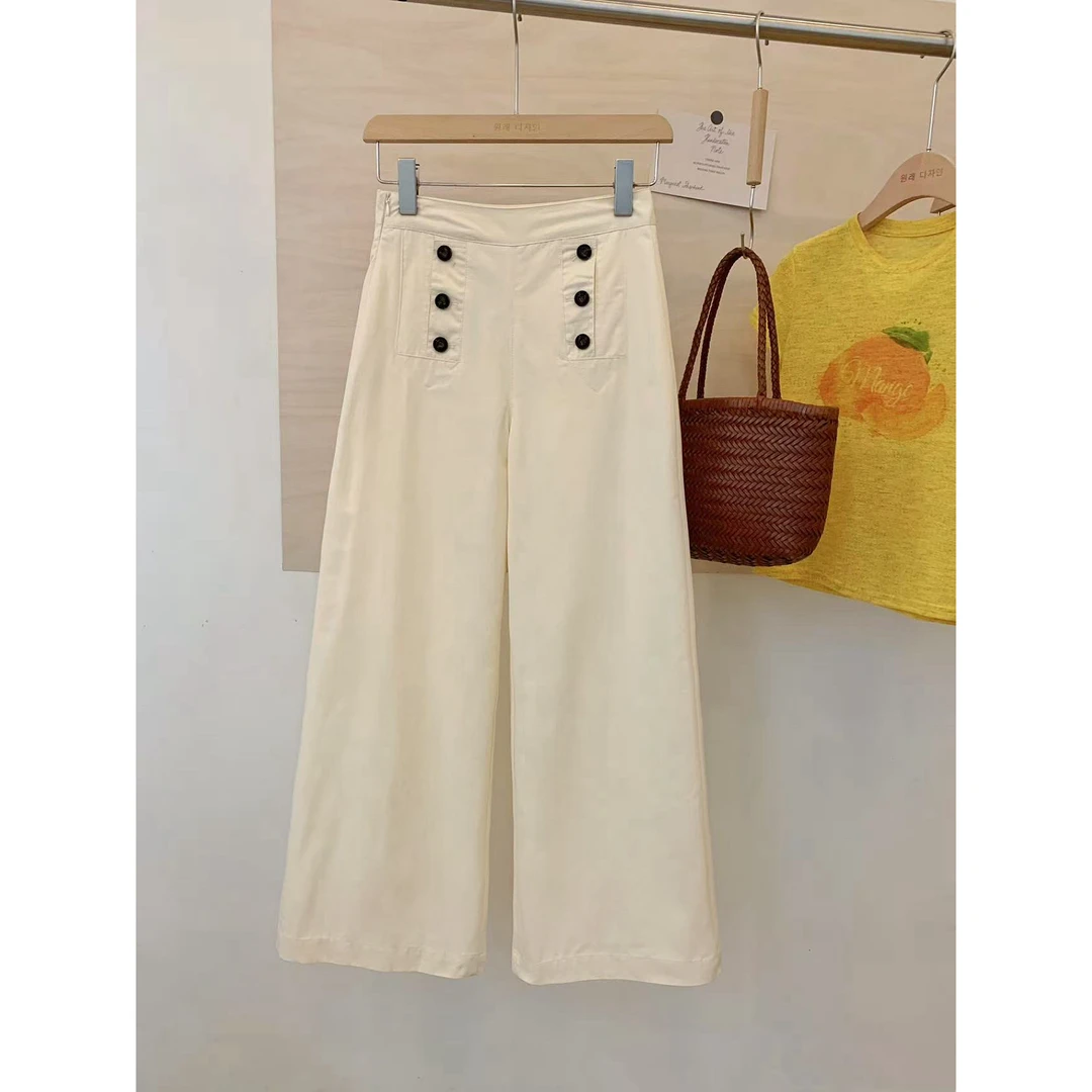 3519韩系复古钮扣设计感侧边拉链百搭高腰显瘦休闲阔腿裤