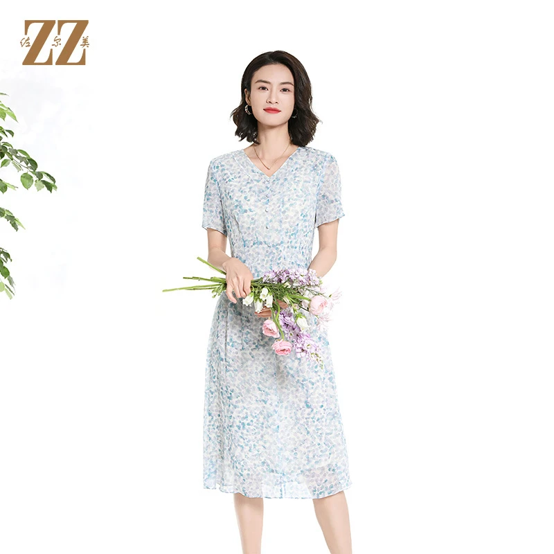 佐尔美中长款时尚气质碎花桑蚕丝蕾丝短袖连衣裙裙子女夏M42LS70