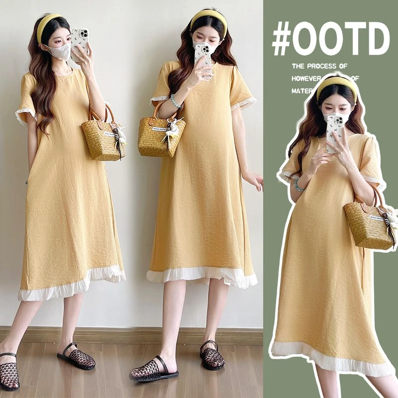 孕妇装2025夏装时尚孕妇裙显瘦A字裙圆领夏季休闲连衣裙大码长裙