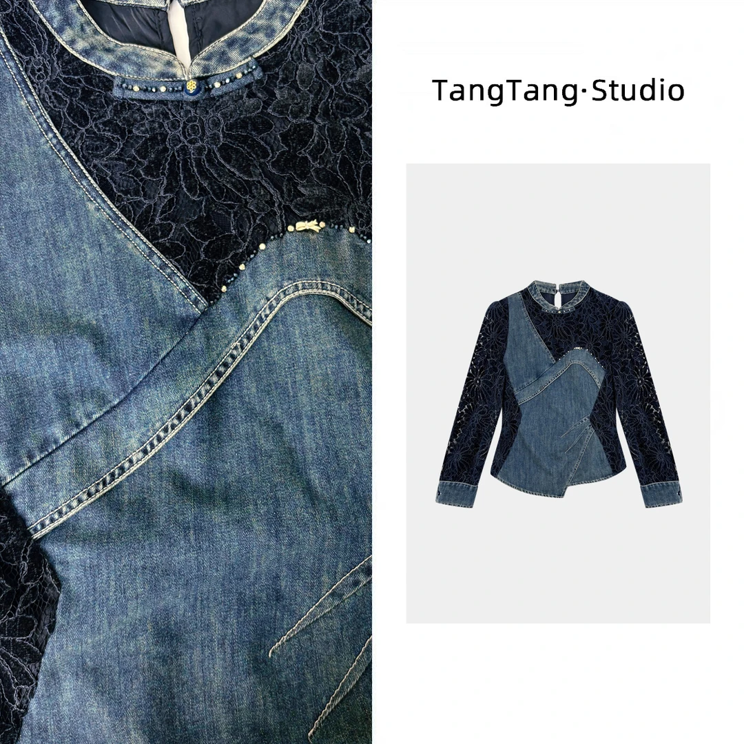 【TangTang·Studio】蓝色蕾丝牛仔高级气质女装气质上衣-258198