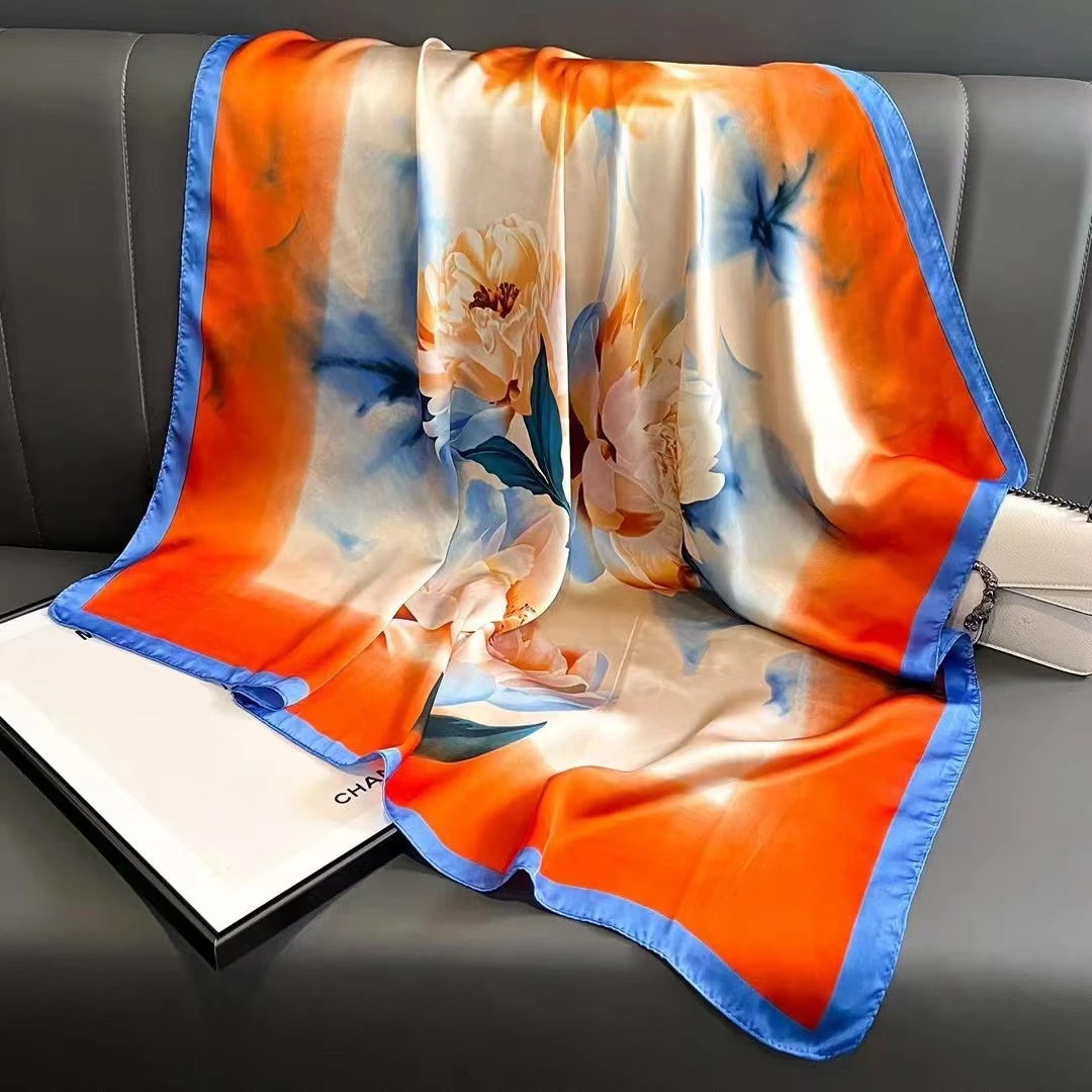 橙钰牡丹薄款夏季大方巾丝巾时尚100%桑蚕丝新款高档洋气百搭