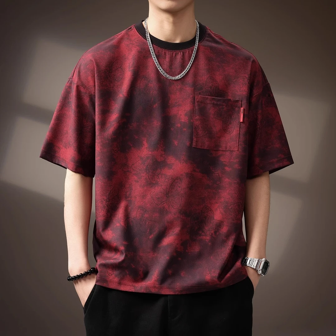 高端艺术涂鸦扎染冰丝短袖T恤男夏季宽松大码五分袖凉感体恤上衣
